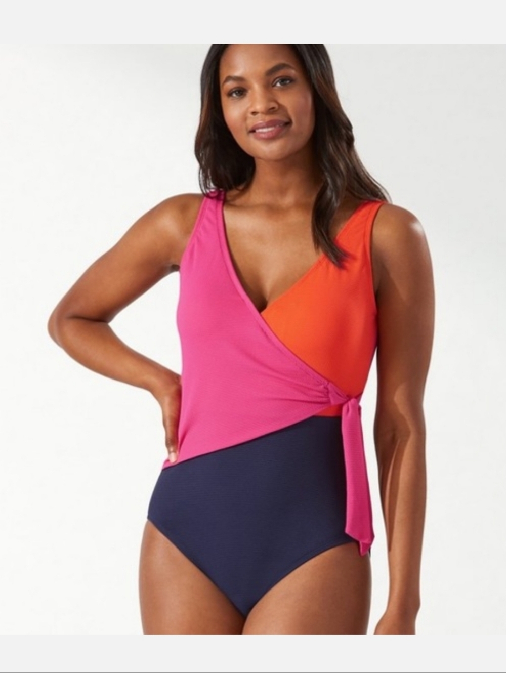 Tommy Bahama Pink, Orange & Navy Faux-Wrap One-Piece Swimsuit